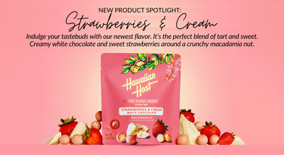 This is the Strawberries & Cream product on a pink gradient background with strawberries, white chocolate chunks and product around the bag. The text above the image reads 