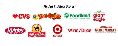 This image shows a listing of all the stores the Valentine's Day products are available at. Find us in select stores including CVS, Don Quijote, Foodland, Giant Eagle, Ralphs, Shop Rite, Target, Winn Dixie and World Market. 